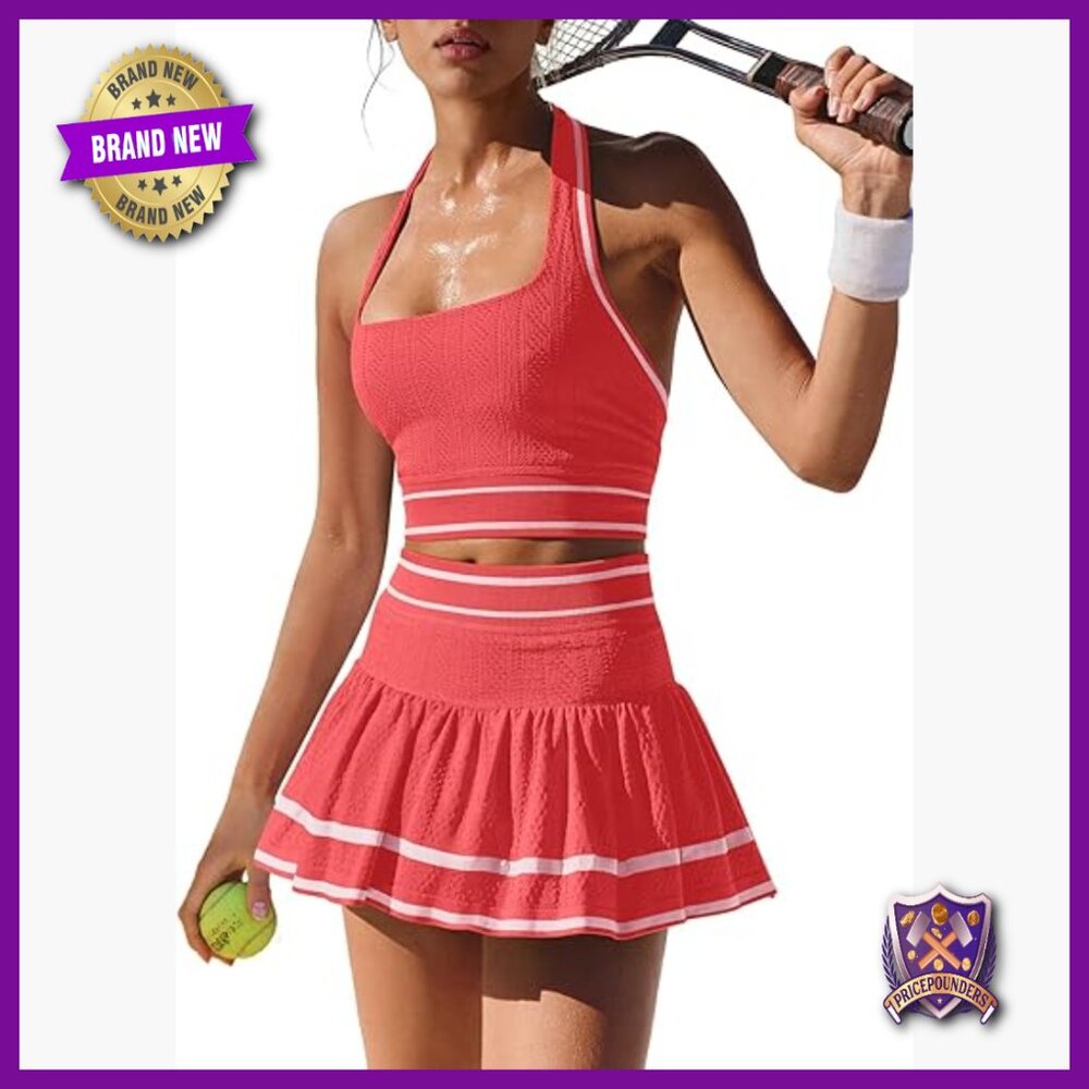 Women's Two Piece Tennis Skirt Set Halter Top Mini Skort Workout Outfit